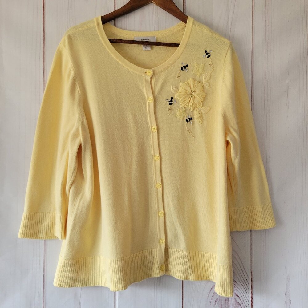 CJ Banks 100% Cotton Button Front Granny Cardigan Sweater, Floral Beaded Bee EUC